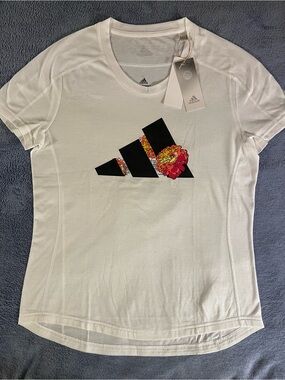 Adidas Flower Graphic Seamed T-Shirt Medium White/Black/Pink Multi